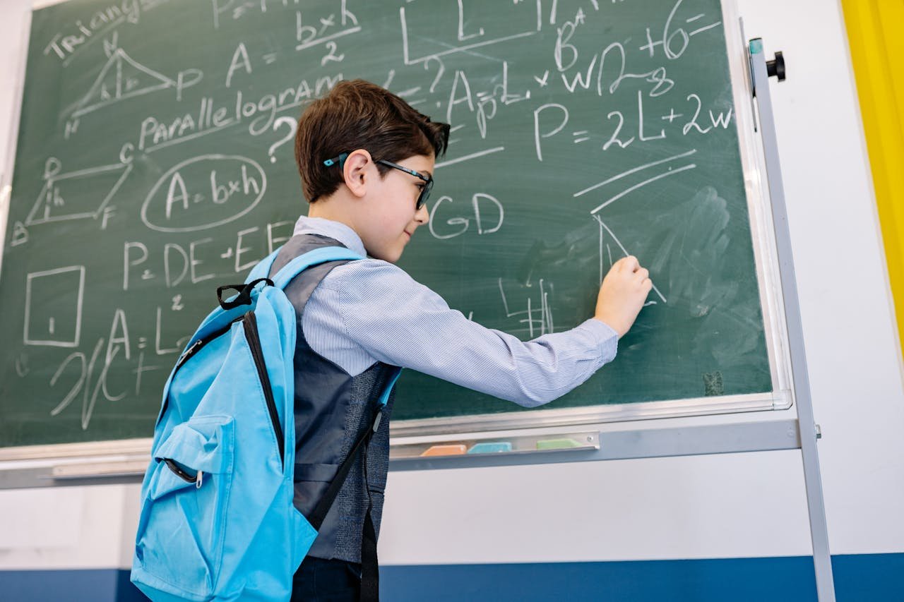 The Art of Drawing Readers In: Your attractive post title goes here A young boy with glasses solving math equations on a classroom blackboard.